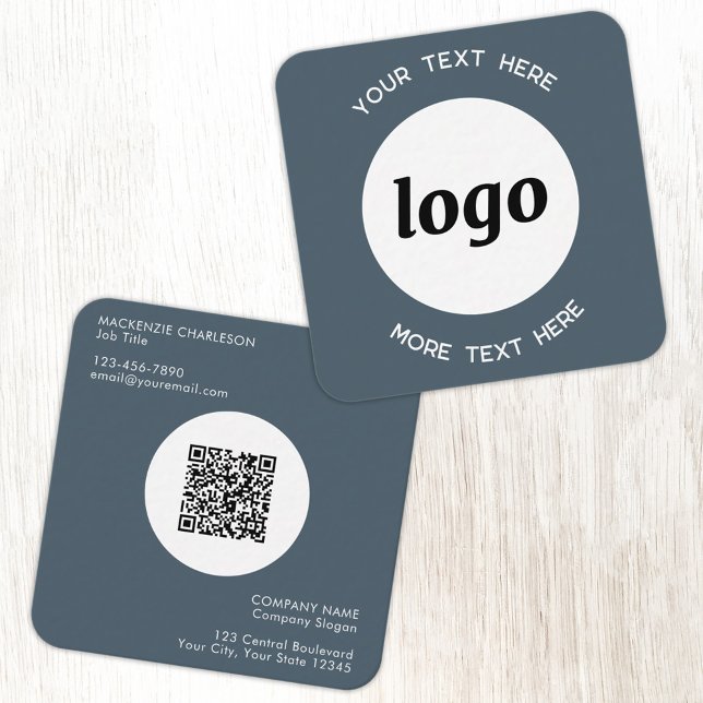Simple Logo and Text QR Code Charcoal Gray Square Business Card (Simple logo with QR code custom text business branding promotional charcoal gray business card)