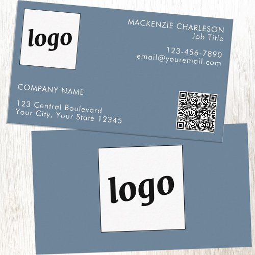 Simple Logo and Text QR Code Dusty Blue Gray Business Card