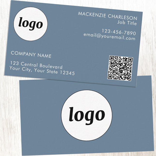 Simple Logo and Text QR Code Dusty Blue Gray Business Card (Logo with QR code custom text blue gray professional business card)