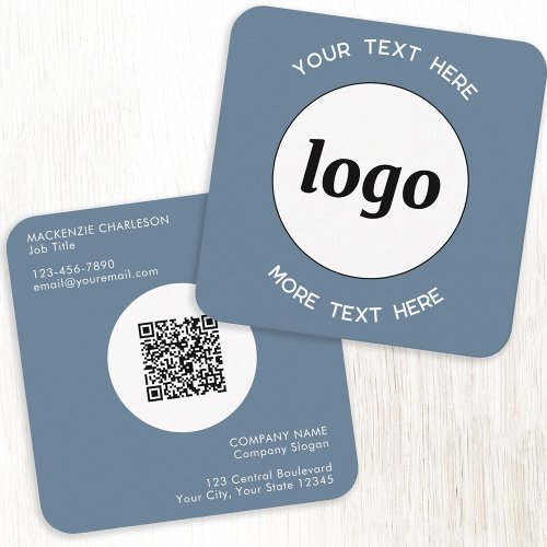 Simple Logo and Text QR Code Dusty Blue Gray Square Business Card