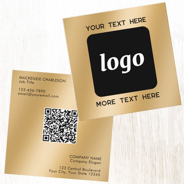 Simple Logo and Text QR Code Gold Square Business Card (Simple logo with custom text QR code business branding promotional gold effect square business card)