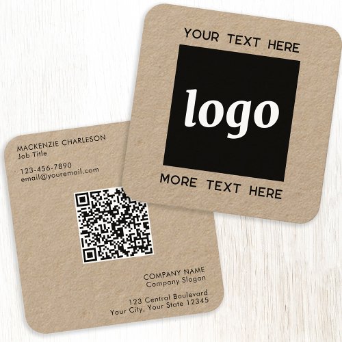 Simple Logo and Text QR Code Kraft Square Business Card