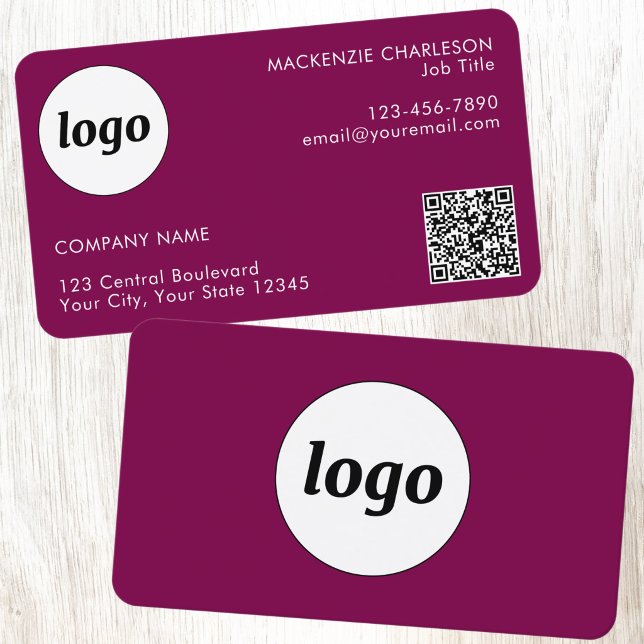 Simple Logo and Text QR Code Magenta Pink Business Card (Simple logo with custom text business branding promotional QR code networking business card)