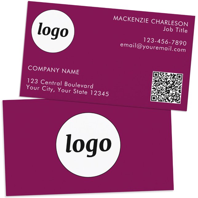 Simple Logo and Text QR Code Magenta Pink Business Card (Simple logo QR code custom text professional branding business card dark magenta cherry pink)