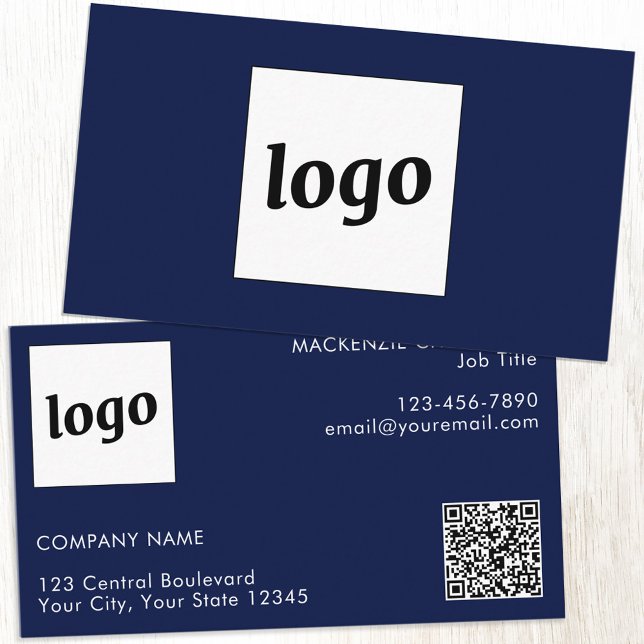 Simple Logo and Text QR Code Navy Blue Business Card (Simple logo with custom text and QR code professional navy blue business card)