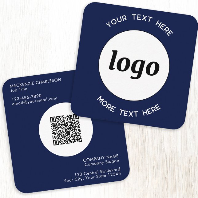 Simple Logo and Text QR Code Navy Blue Square Business Card (Simple logo with custom text and QR code professional navy blue square business cards)