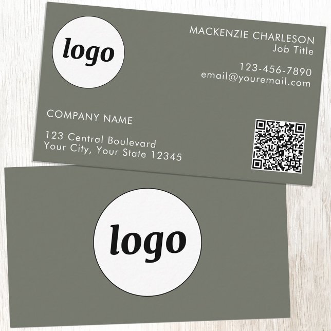 Simple Logo and Text QR Code Sage Green Business Card (Logo QR code with custom text sage green minimalist modern business card)