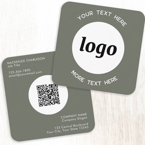 Simple Logo and Text QR Code Sage Green Square Business Card