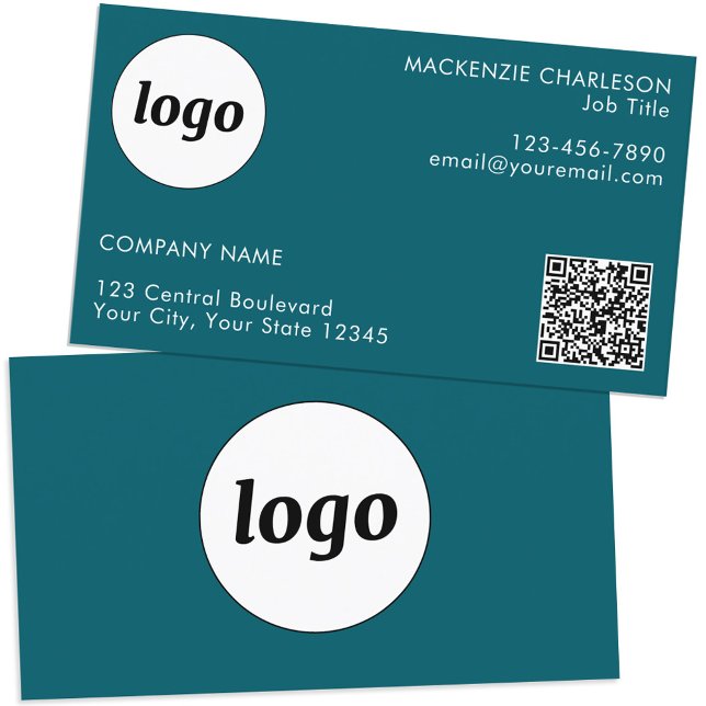 Simple Logo and Text QR Code Teal Green Business Card (Simple logo QR code custom text professional branding business card teal green)