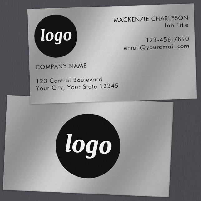 Simple Logo and Text Silver Effect Business Card (Simple logo with custom text business branding promotional business card with silver metallic effect)