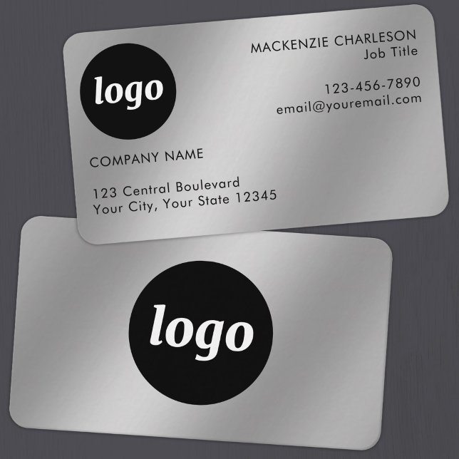 Simple Logo and Text Silver Effect Business Card (Simple logo with custom text business branding promotional silver metallic effect business cards)