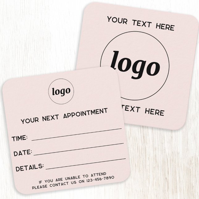 Simple Logo Appointment Card Blush Pink (Modern minimalist blush pink business appointment card with custom logo and text)
