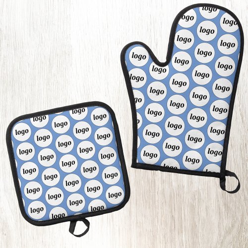 Simple Logo Business Promotional Pattern Blue Oven Mitt  Pot Holder Set