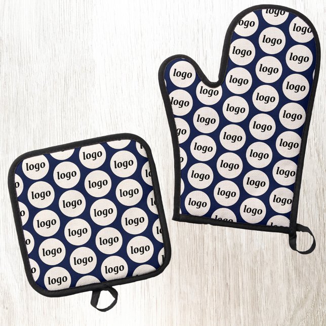 Simple Logo Business Promotional Pattern Navy Blue Oven Mitt & Pot Holder Set (Simple logo pattern business branding promotional navy blue oven mitt and pot holder)