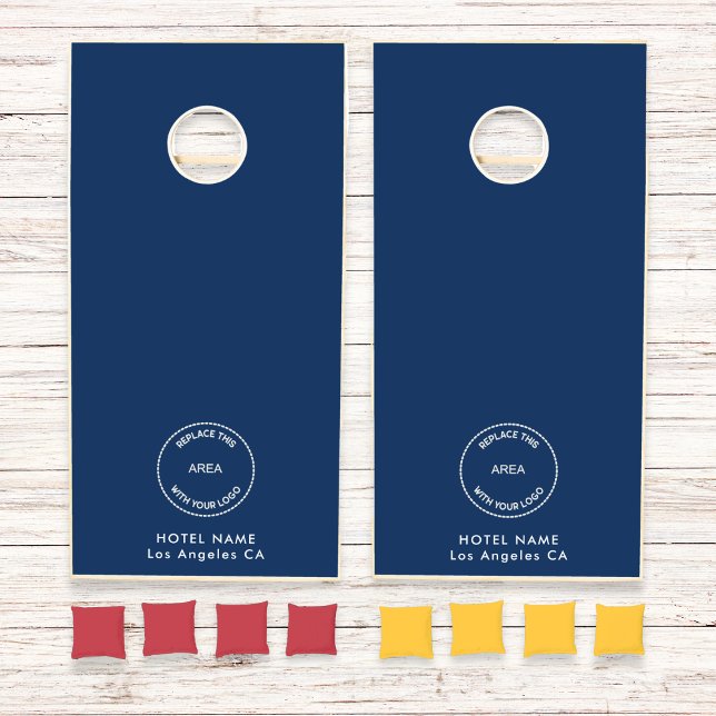 Simple Logo Hotel Name Location Navy Blue Cornhole Set (Creator Uploaded)