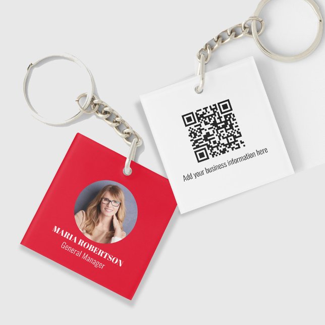 Simple Logo Minimalist QR Code Red Keychain (Red photo keychain with scannable QR code, Great for business professionals. )