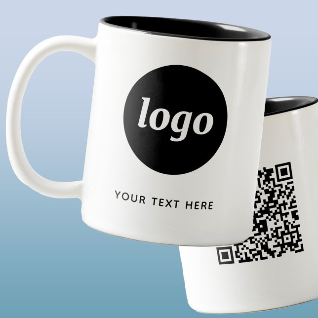 Simple Logo QR Code and Text Business Promotional Two-Tone Coffee Mug (Simple logo with custom text and QR code business branding promotional two tone coffee mug)