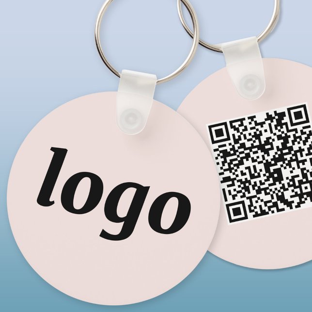 Simple Logo QR Code Business Blush Pink Keychain (Blush pink custom logo and QR code business branding promotional keychain)