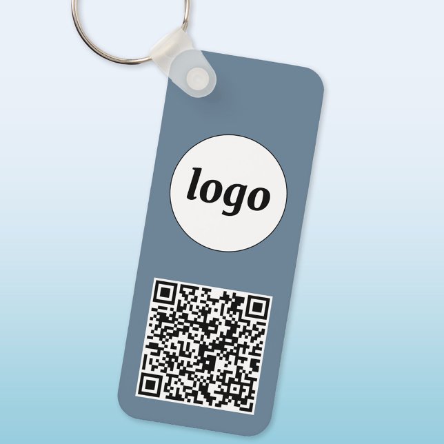 Simple Logo QR Code Business Dusty Blue Gray Keychain (Logo with QR code business promotional keychain keyring)