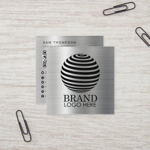 Simple Logo QR Code Modern Metallic Silver Square Business Card