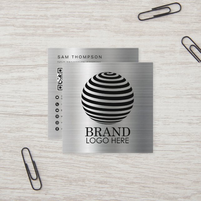 Simple Logo QR Code Modern Metallic Silver Square Business Card (Front/Back In Situ)