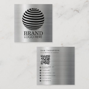Simple Logo QR Code Modern Metallic Silver Square Business Card