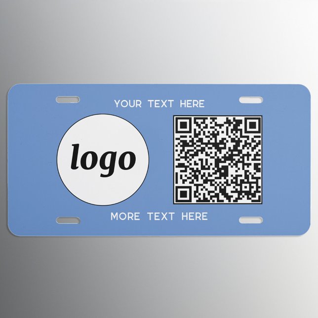 Simple Logo QR Code Text Business Promotional Blue License Plate (Simple logo QR code with custom text business branding promotional license plate cover in sky blye)