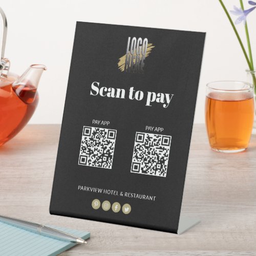 Simple Logo Scan to Pay Apps 2 QR Codes Black  Pedestal Sign