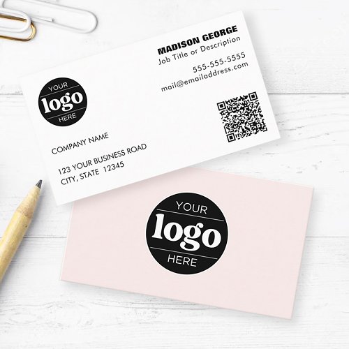 Simple Logo Text and QR code Pink Business Card