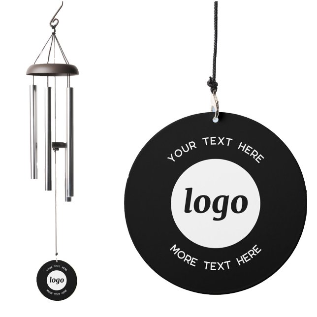 Simple Logo Text Business Branding Black Wind Chime (Simple logo with custom text business branding promotional black and white wind chime)