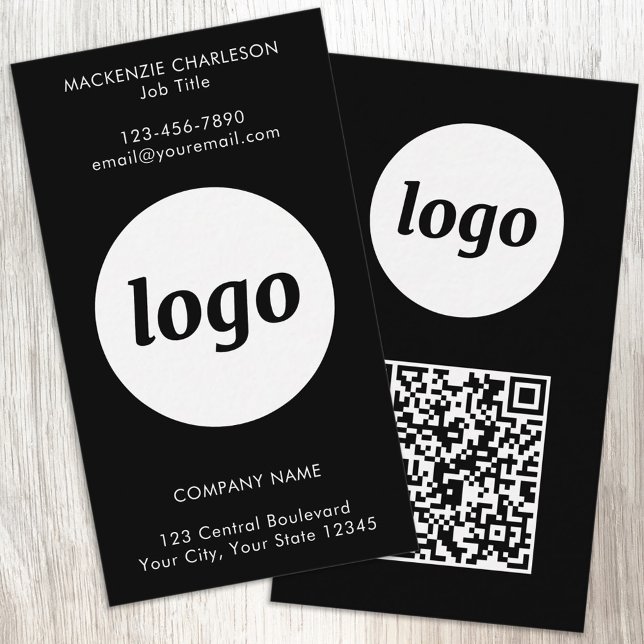 Simple Logo Text QR Code Vertical Black Business Card (Simple logo with custom text and QR code business branding promotional vertical black business cards)
