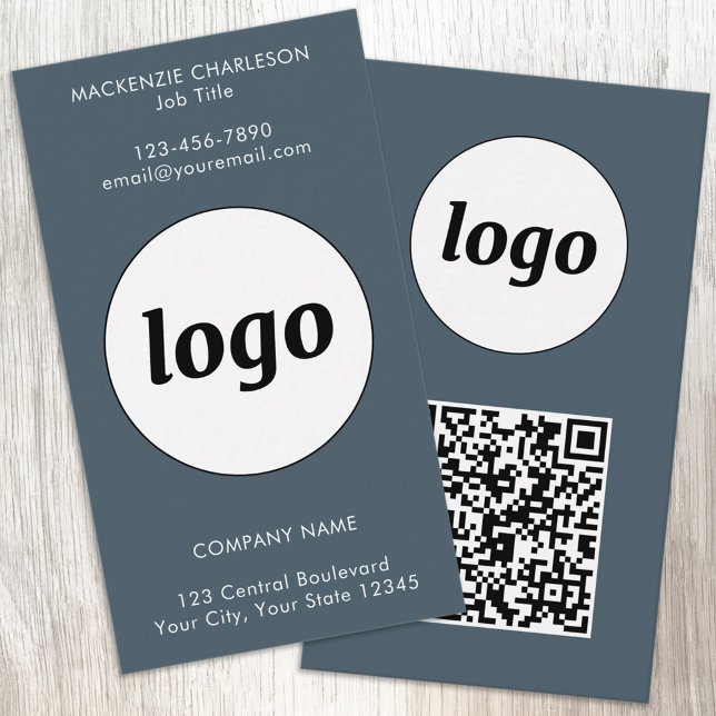 Simple Logo Text QR Code Vertical Charcoal Gray Business Card (Simple logo with QR code custom text business branding promotional charcoal gray business card)