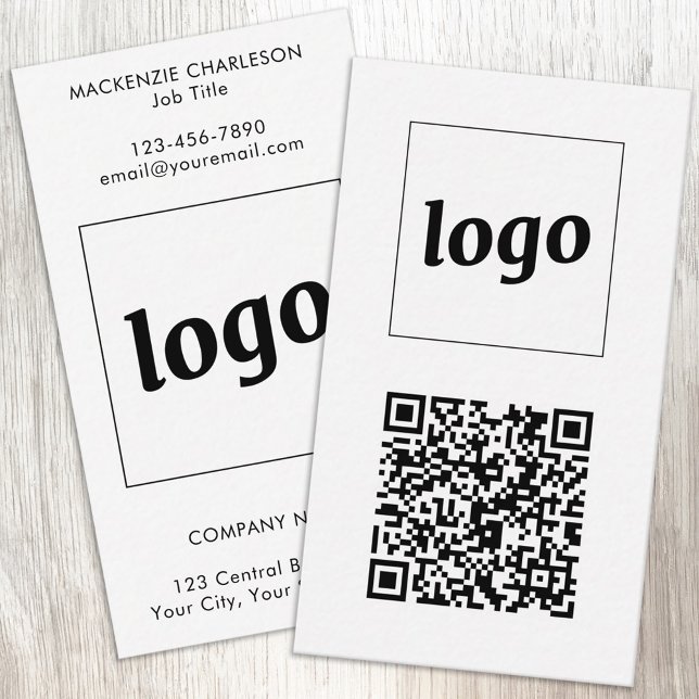 Simple Logo Text QR Code Vertical Format Business Card (Simple logo with custom text and QR code business branding promotional vertical business cards)
