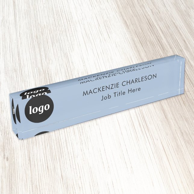 Simple Logo with Custom Text Business Powder Blue Desk Name Plate (Logo with text simple business branding professional name plate)