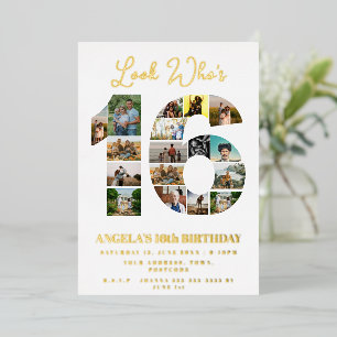 simple look who's 16 Photo Collage teen birthday Foil Invitation