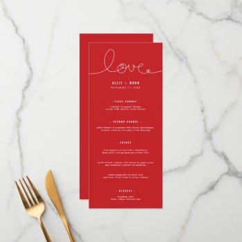 Simple Loopy Love Heart On Red Minimalist Wedding Menu by fatfatin_blue_knot at Zazzle