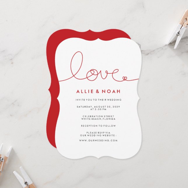 Simple Loopy Love Red Heart Minimalist Wedding Invitation (Front/Back In Situ)