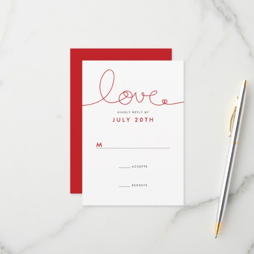 Simple Loopy Love Red Heart Minimalist Wedding RSVP Card