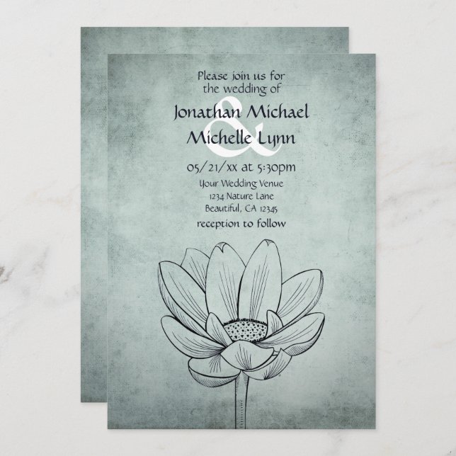 Simple Lotus Flower Dusty Blue Teal Wedding Invitation (Front/Back)