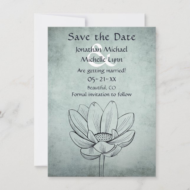Simple Lotus Flower Dusty Blue Teal Wedding Save The Date (Front)