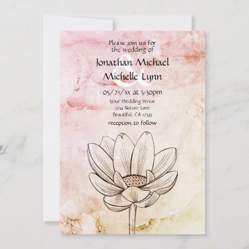 Simple Lotus Flower  Pink Gold Marble Bkg Wedding Invitation