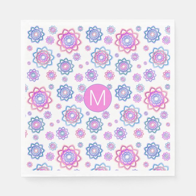 Simple Lotus Flower Pink Pastel Green Monogram Napkins (Front)