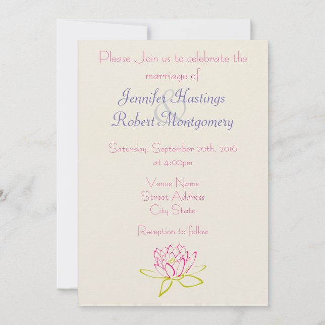 Simple Lotus Flower / Water Lily Wedding Invitation (Back)