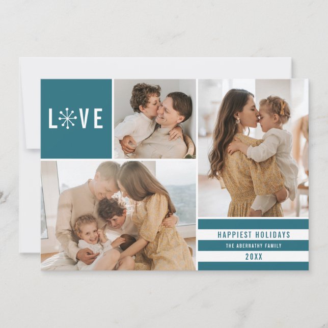 Simple Love 3 Photo Collage Modern Stripes | Teal Holiday Card (Front)