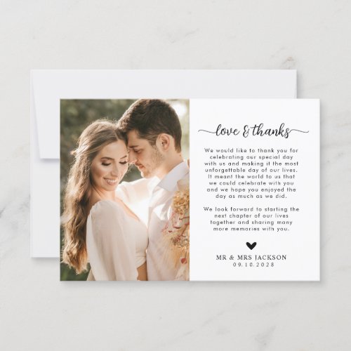 Simple Love and Thanks Heart with Photo Wedding Thank You Card
