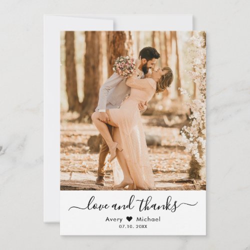 Simple Love and Thanks Script Heart Photo Wedding Thank You Card