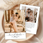 Simple Love and Thanks Script Heart Photo Wedding Thank You Card<br><div class="desc">Modern Elegant Minimalist Love and Thanks Script 2 Photo Wedding Thank You Card. Simple Stylish wedding thank you card template featuring one photo on the front and one photo on the back. With the text "Love and thanks" in a cursive hand lettered swash tail font calligraphy or typography script font,...</div>