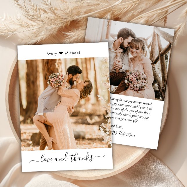 Simple Love and Thanks Script Heart Photo Wedding Thank You Card (Creator Uploaded)