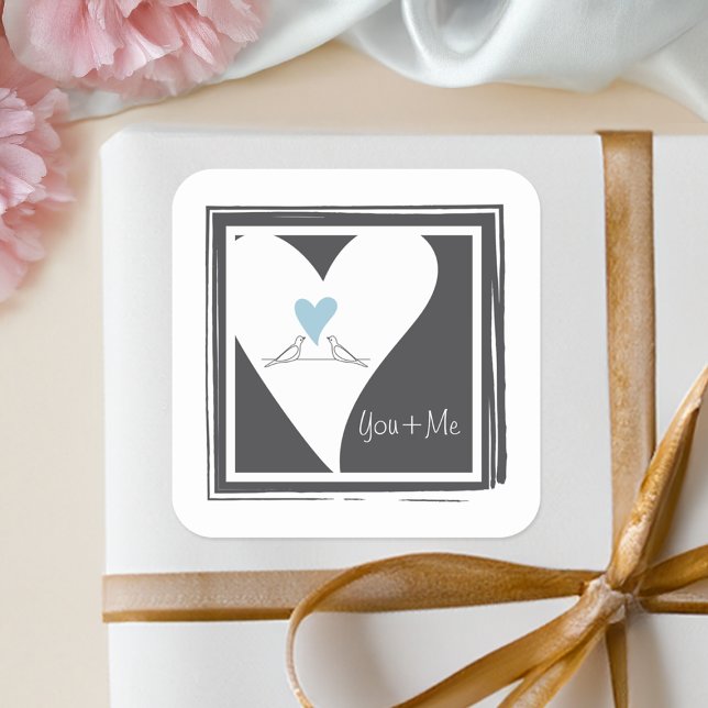 Simple Love Birds Light Blue Heart Wedding Favor Square Sticker (Creator Uploaded)