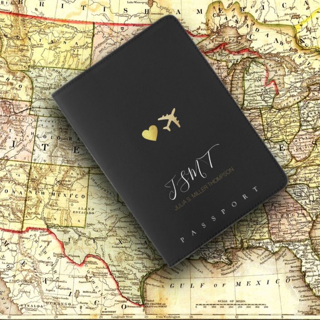 Simple Love Heart + Airplane, Initials & Name blk Passport Holder (Creator Uploaded)